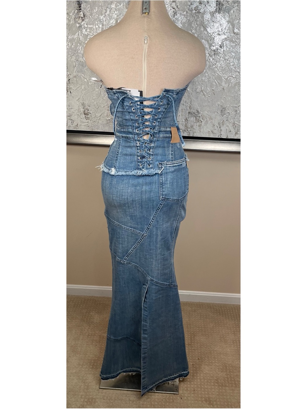 RETROFETE Tamara Strapless Denim Lace Up Maxi Dress Size XS - Picture 6 of 8